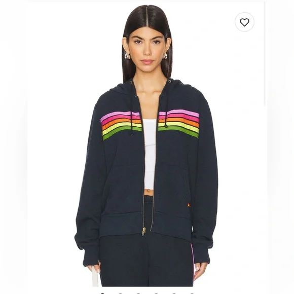 Aviator Nation 5 Stripe Zip Up Hoodie in Charcoal rainbow S - Picture 2 of 6